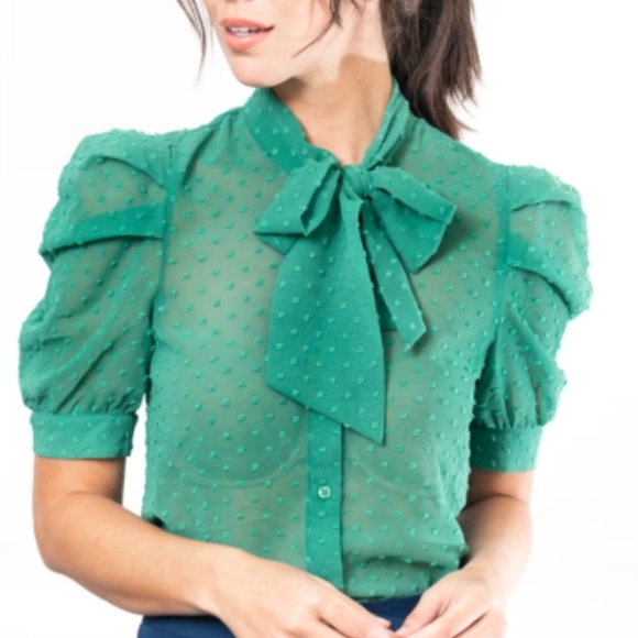 The Shirt by Rochelle Behrens Green Button Down with Bow - Picture 1 of 6